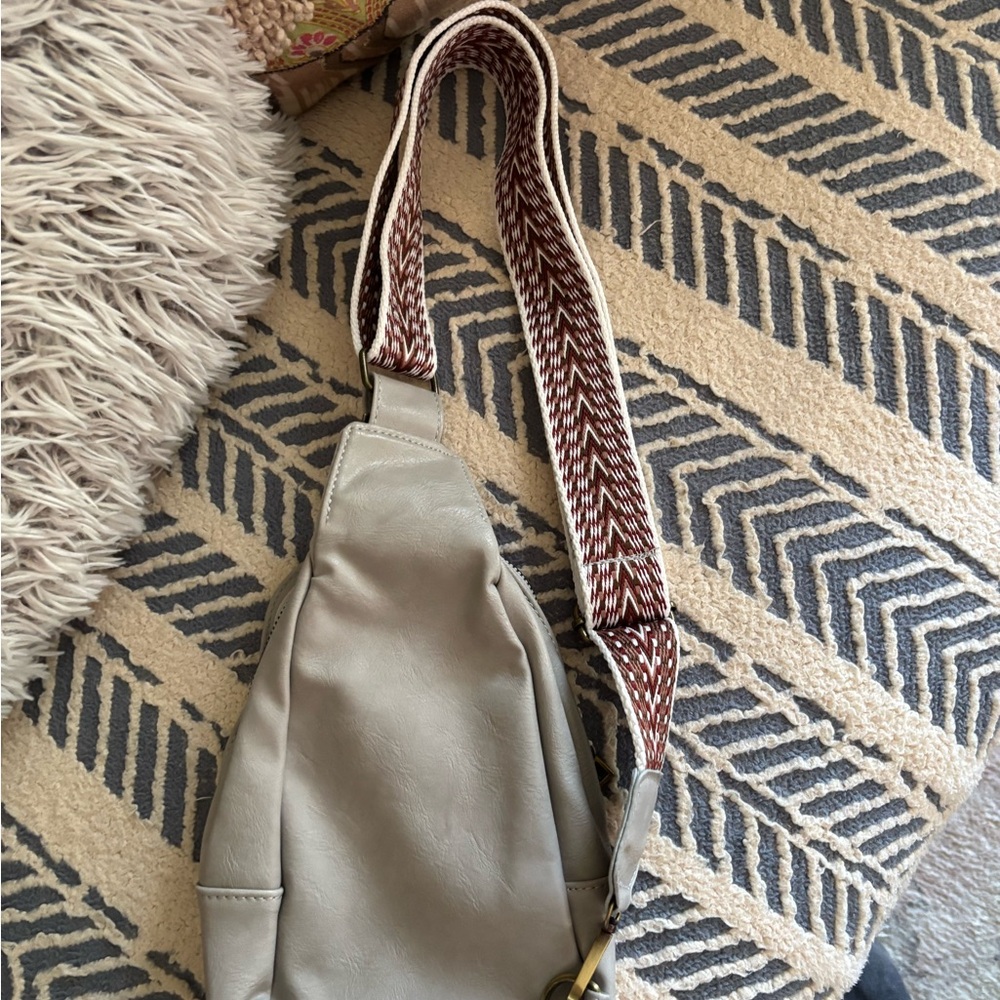 Stylish Gray Women's Sling Bag with Patterned Strap
